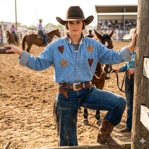 Button Down 100% Cotton Denim Chambray Heart Gold Star Patches Indie Celestial L